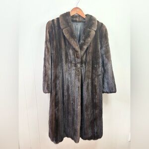 Vintage Long chocolate brown real genuine mink fur coat jacket size M
